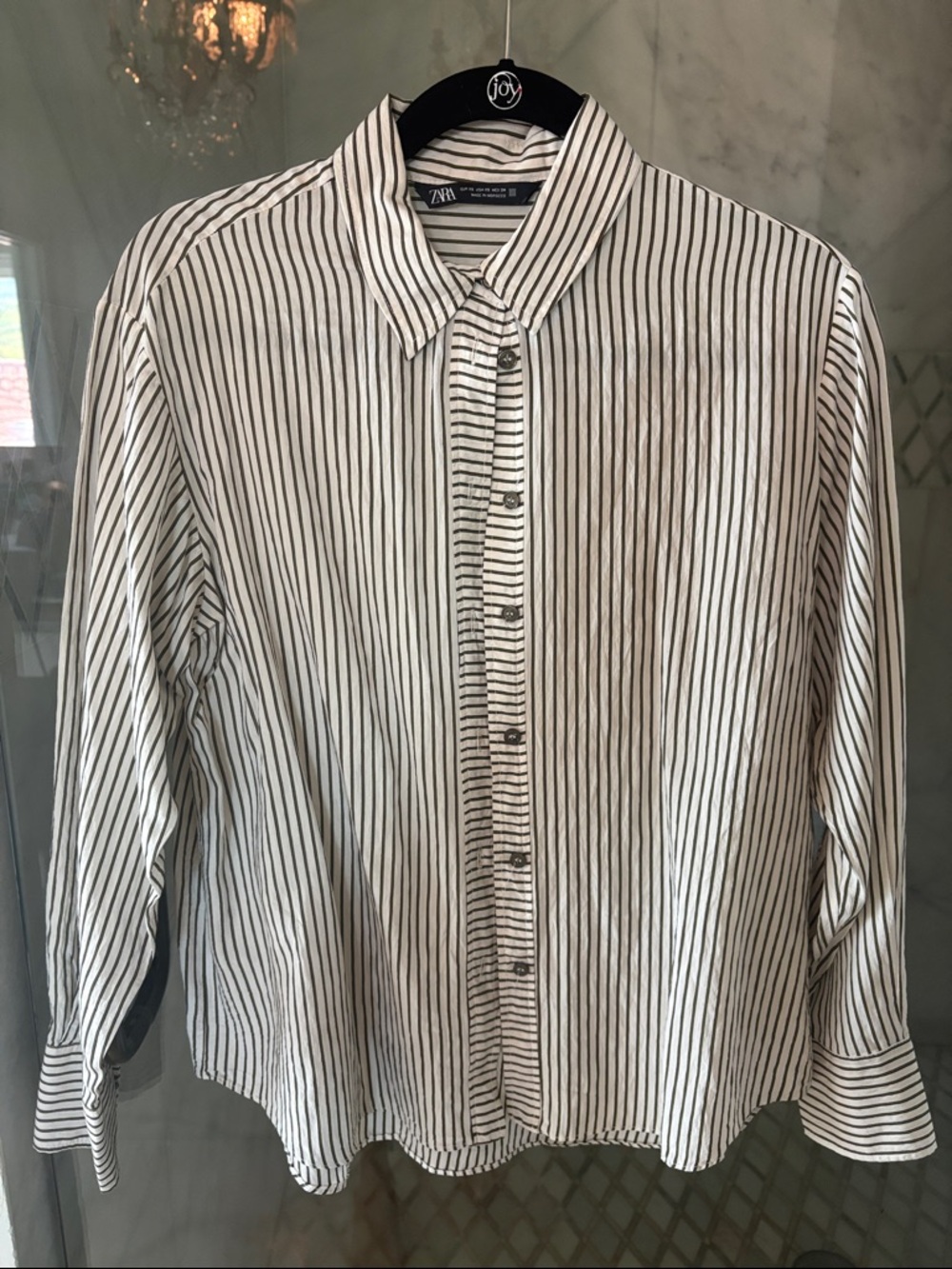 Zara women’s beige Shirt with olive Vertical Stripes